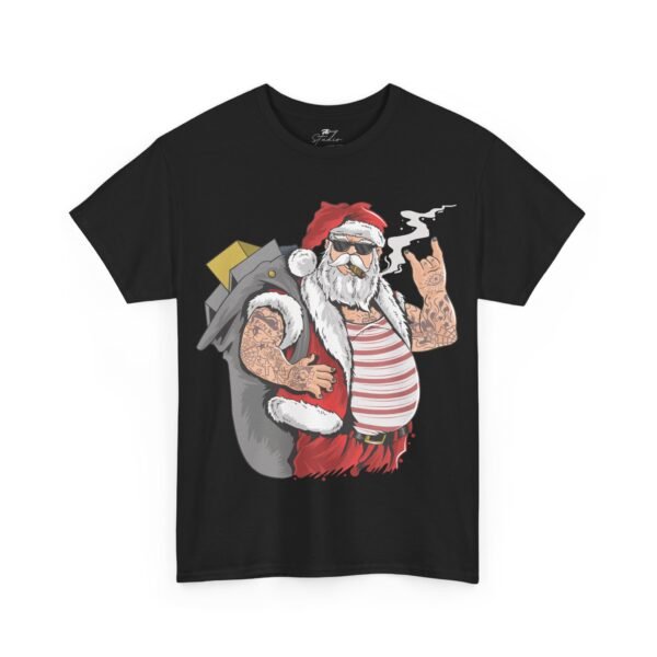 Punk Santa T-Shirt – Cotton Tee with Tattooed Santa and Cigar