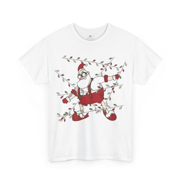 Santa Claus Tangled in Christmas Lights T-Shirt - Funny Holiday Cartoon Tee