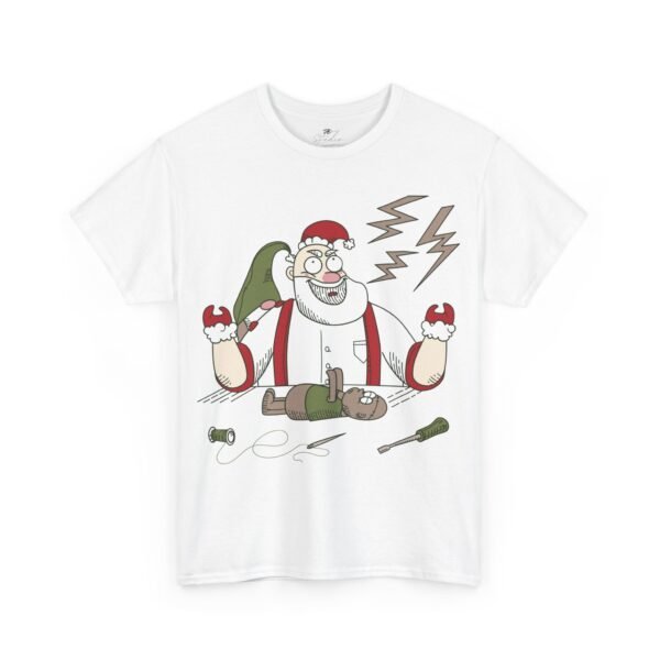 Santa Claus Fixing Toys Christmas T-Shirt - Funny Holiday Elf Repair Tee - Festive Cartoon Santa Shirt for Holiday Cheer