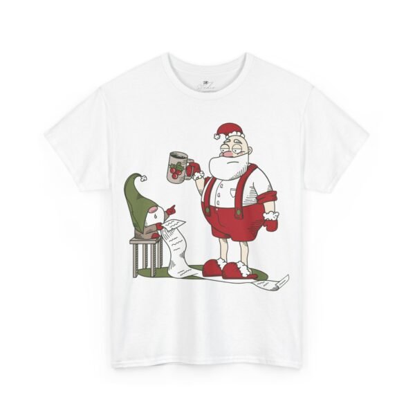 Santa Claus and Elf Christmas T-Shirt - Funny Holiday Mug List Tee - Festive Cartoon Santa Shirt for Holiday Cheer