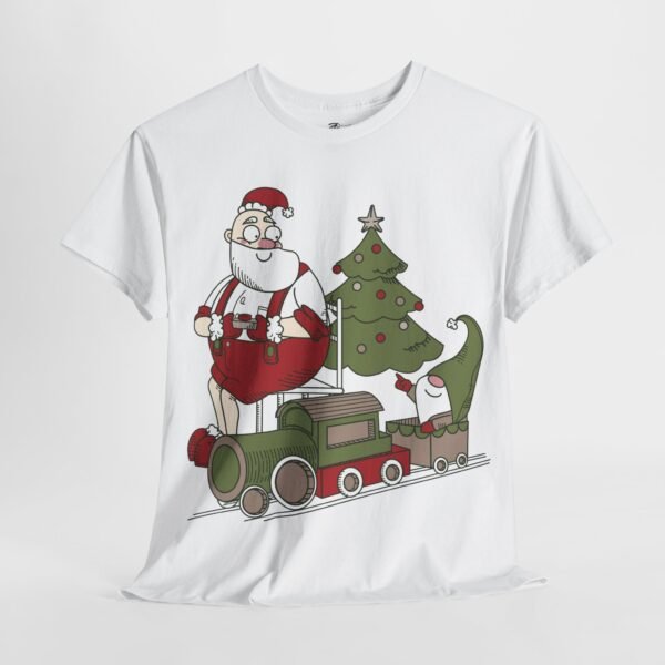 Santa Claus and Elf Train Christmas T-Shirt - Festive Holiday Tee with Tree - Funny Christmas Cartoon Shirt for Holiday Cheer - Image 3