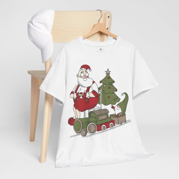 Santa Claus and Elf Train Christmas T-Shirt - Festive Holiday Tee with Tree - Funny Christmas Cartoon Shirt for Holiday Cheer - Image 4