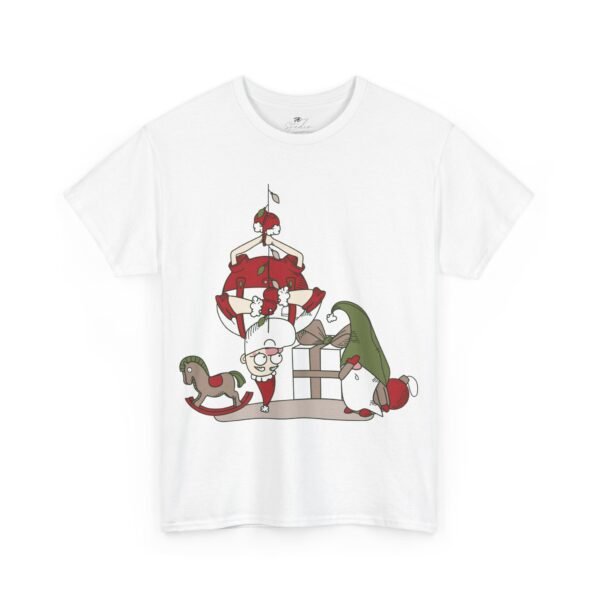 Santa and Elf Toy Workshop Christmas T-Shirt Funny Holiday Cartoon Tee Festive Santa Claus with Toys Shirt for Holiday Cheer