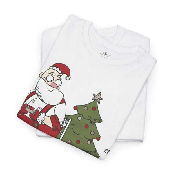 Santa Claus and Elf Train Christmas T-Shirt - Festive Holiday Tee with Tree - Funny Christmas Cartoon Shirt for Holiday Cheer - Image 2