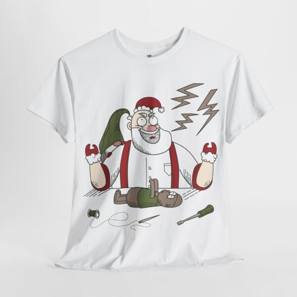 Santa Claus Fixing Toys Christmas T-Shirt - Funny Holiday Elf Repair Tee - Festive Cartoon Santa Shirt for Holiday Cheer - Image 3