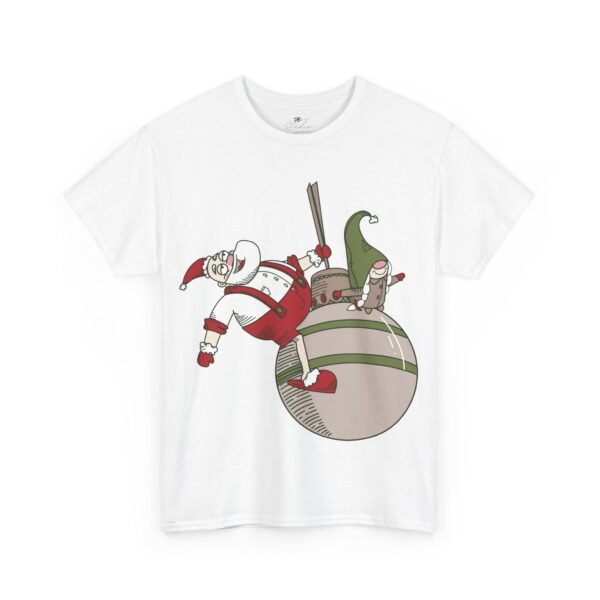 Santa Claus Riding Ornament Christmas T-Shirt - Funny Holiday Elf Tee - Festive Cartoon Christmas Shirt for Holiday Cheer