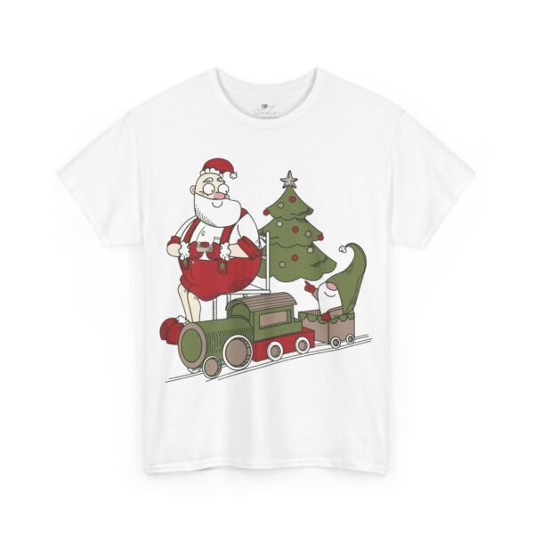 Santa Claus and Elf Train Christmas T-Shirt - Festive Holiday Tee with Tree - Funny Christmas Cartoon Shirt for Holiday Cheer