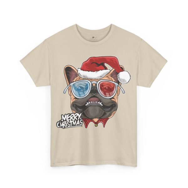 Merry Christmas Bulldog T-Shirt – Fun Cotton Tee with 3D Glasses and Santa Hat - Image 2