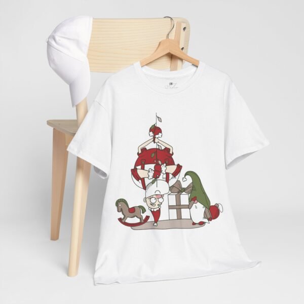 Santa and Elf Toy Workshop Christmas T-Shirt Funny Holiday Cartoon Tee Festive Santa Claus with Toys Shirt for Holiday Cheer - Image 4