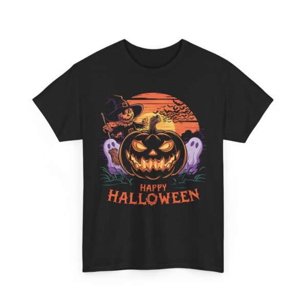 Happy Halloween Pumpkin with Crow and Ghost T-Shirt 100% Cotton Unisex - Image 2