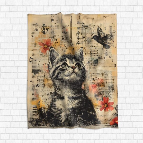 Velveteen Blanket for Animal Lovers  Adorable Kitten and Bird Design, Soft and Cozy - Image 5