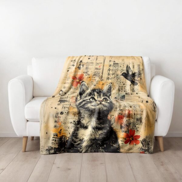 Velveteen Blanket for Animal Lovers  Adorable Kitten and Bird Design, Soft and Cozy - Image 4