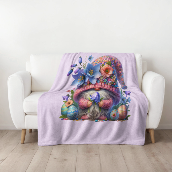 Easter Velveteen Blanket – Adorable Gnome with Flowers and Colorful Eggs Design - Image 6