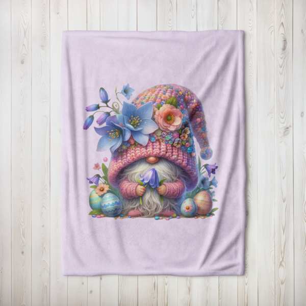 Easter Velveteen Blanket – Adorable Gnome with Flowers and Colorful Eggs Design - Image 3